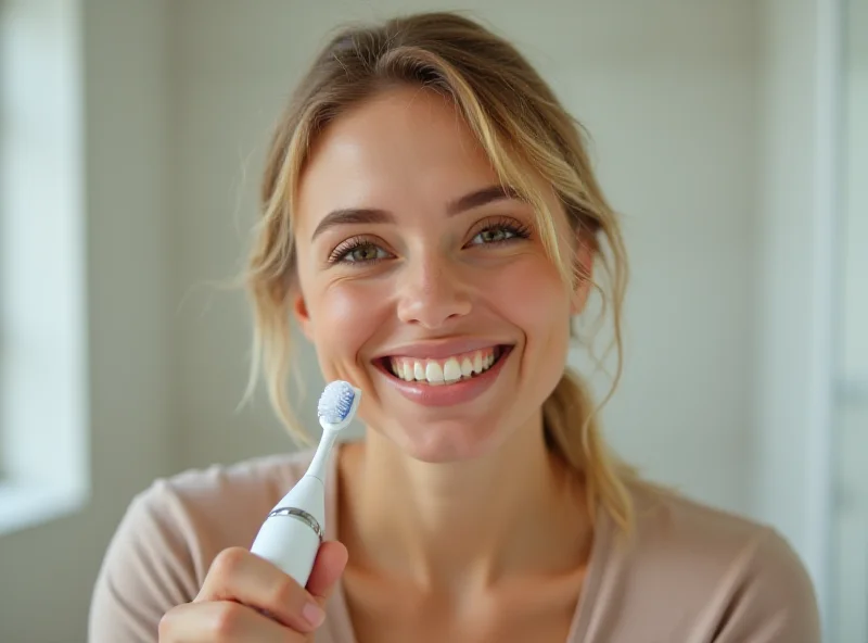 A person smiling while brushing their teeth with an electric toothbrush.