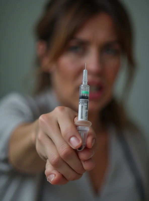 A close-up shot of a hand holding a weight loss injection pen, with a concerned expression in the background.