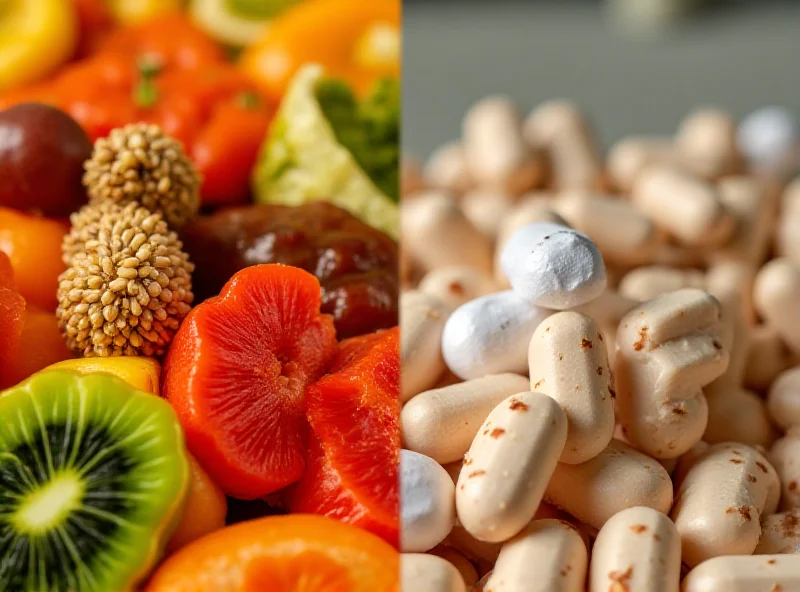 A split image showing healthy filling foods on one side and a vial of Zepbound on the other, representing the dietitian's dietary changes and Eli Lilly's drug discount.