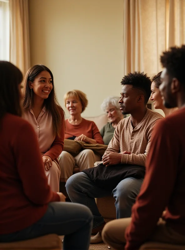 A diverse group of people sitting in a circle, supporting each other during a grief support group session.