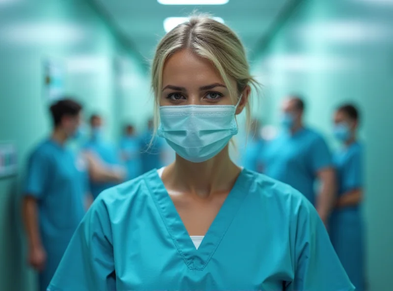 A stressed-looking nurse in a hospital setting.