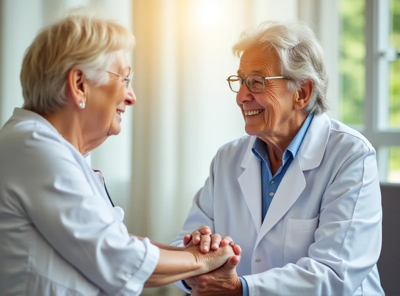 An elderly woman holding hands with a doctor in a comforting setting.