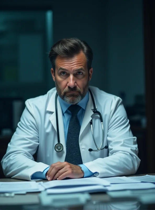 A doctor looking stressed while reviewing paperwork in their office.