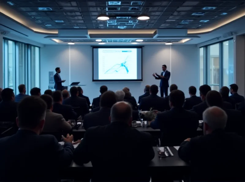 A modern conference room setting with people in business attire listening attentively to a speaker on stage.