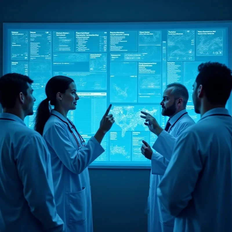 A diverse group of healthcare professionals collaborating and discussing data on a digital screen.