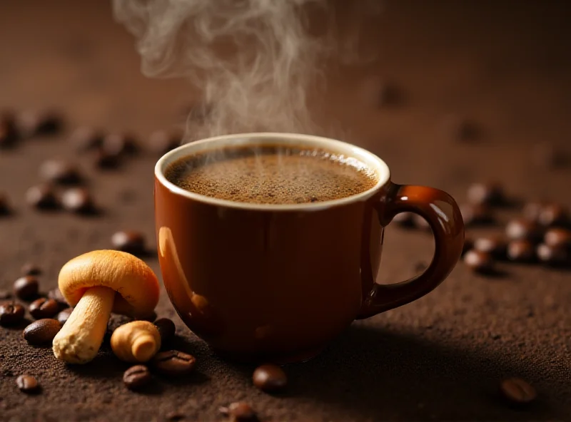 Close-up shot of a steaming mug of mushroom coffee with dried mushrooms and coffee beans scattered around.