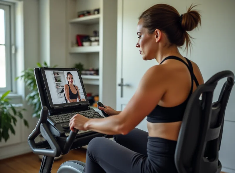 Person exercising on a stationary bike at home, with a streaming fitness class visible on a tablet.