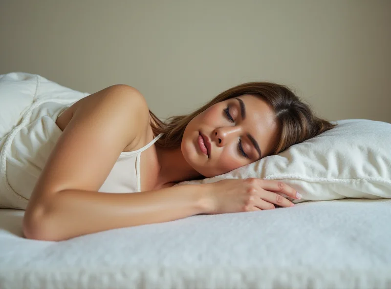 A woman sleeping comfortably on her side on a supportive mattress, with her spine perfectly aligned.