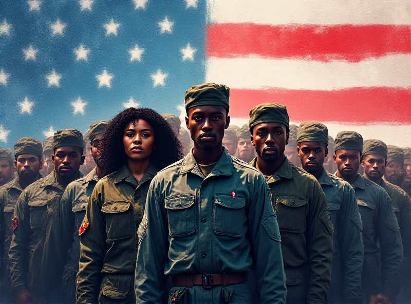 Concept art showing a diverse group of soldiers standing together against a backdrop of the American flag, fading into a digital interface. The style is modern and slightly abstract.