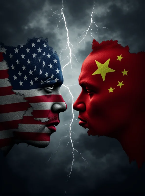 A dramatic scene depicting a stylized U.S. and Chinese flag facing each other, with storm clouds and lightning in the background. The flags are slightly tattered, symbolizing tension. The image is dark and foreboding.