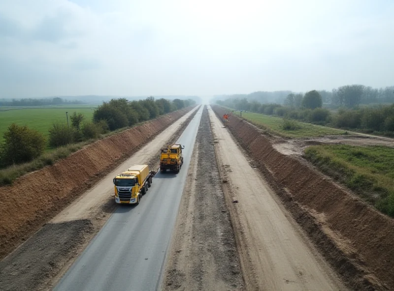 Construction site with heavy machinery working on a new road or highway, with signage indicating it is the Regional Tangent West near Eschborn, Germany.
