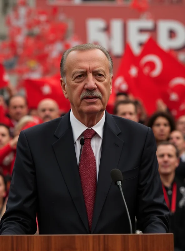 Image of Recep Tayyip Erdogan addressing a crowd with Turkish flags waving in the background.