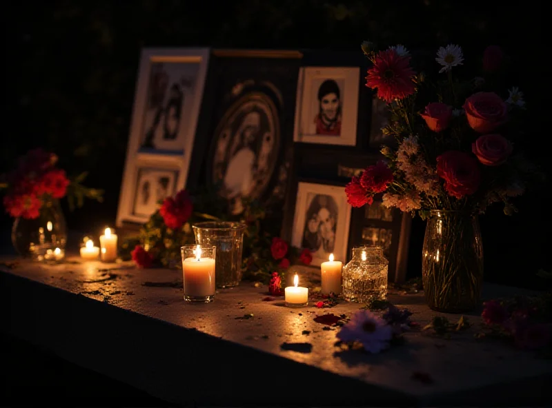 A somber image of a memorial dedicated to hostages, with candles and flowers.