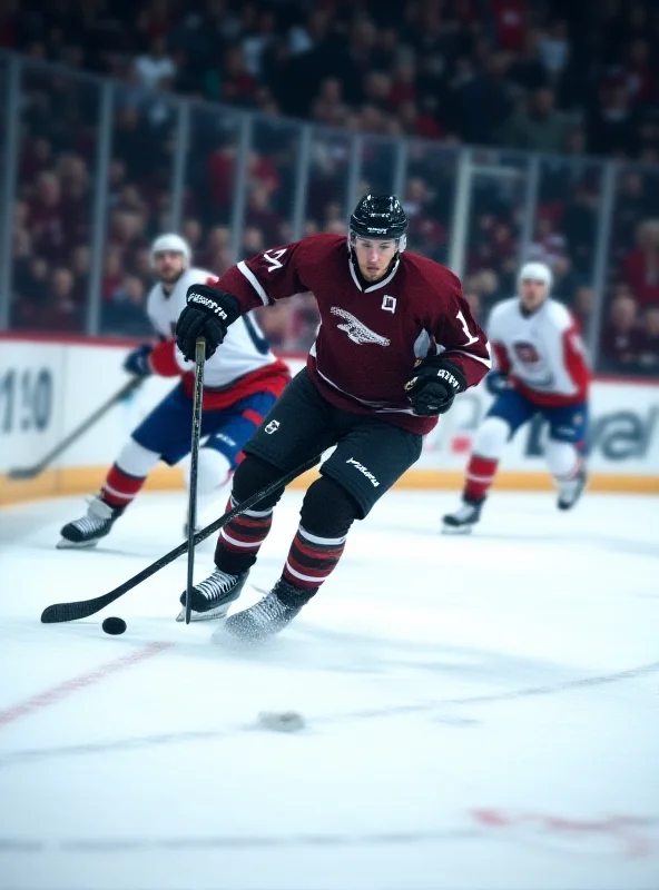 A hockey player skating down the ice with the puck.