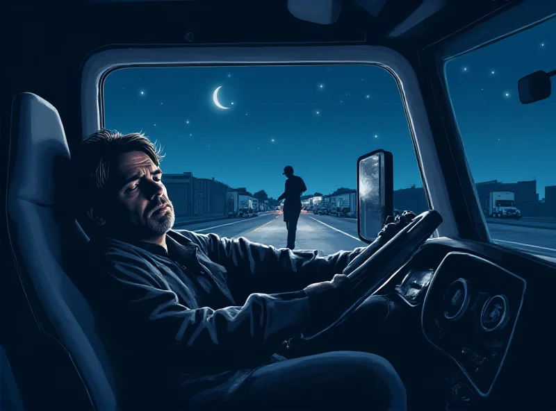 Illustration of a truck driver sleeping in his cab while a thief steals tires from the trailer behind him, set in a highway rest stop at night.
