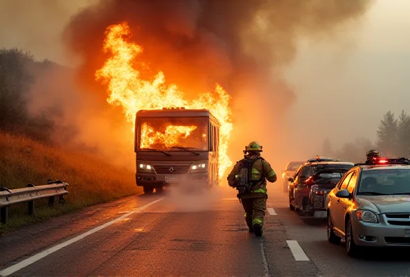 A burning motorhome on the side of a highway, with smoke billowing into the air and firefighters battling the blaze. Traffic is backed up in the distance.