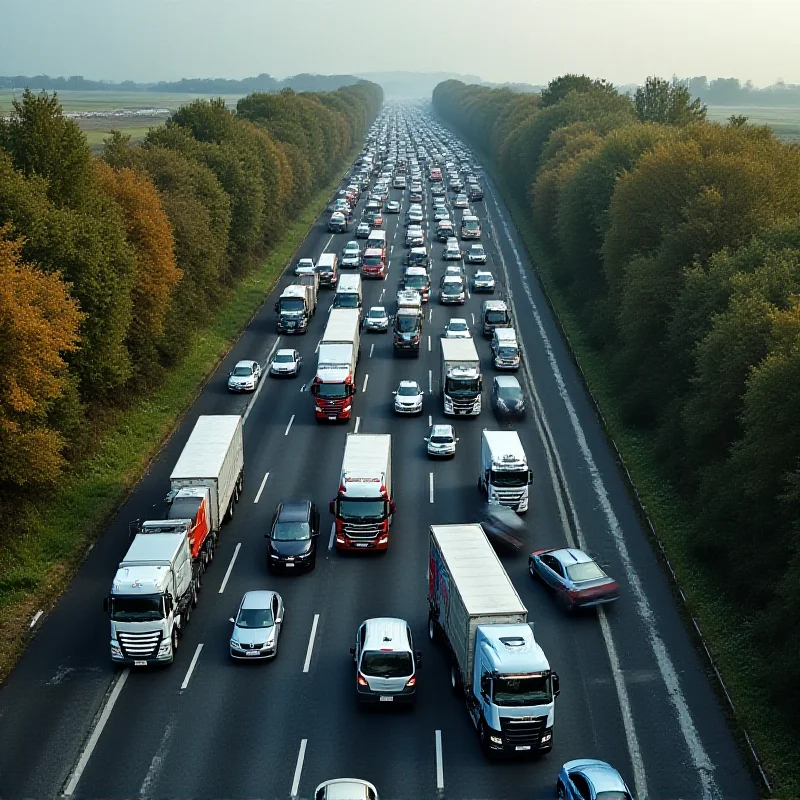 Aerial view of a long traffic jam on a highway, caused by an incident ahead. Cars are lined up bumper to bumper.