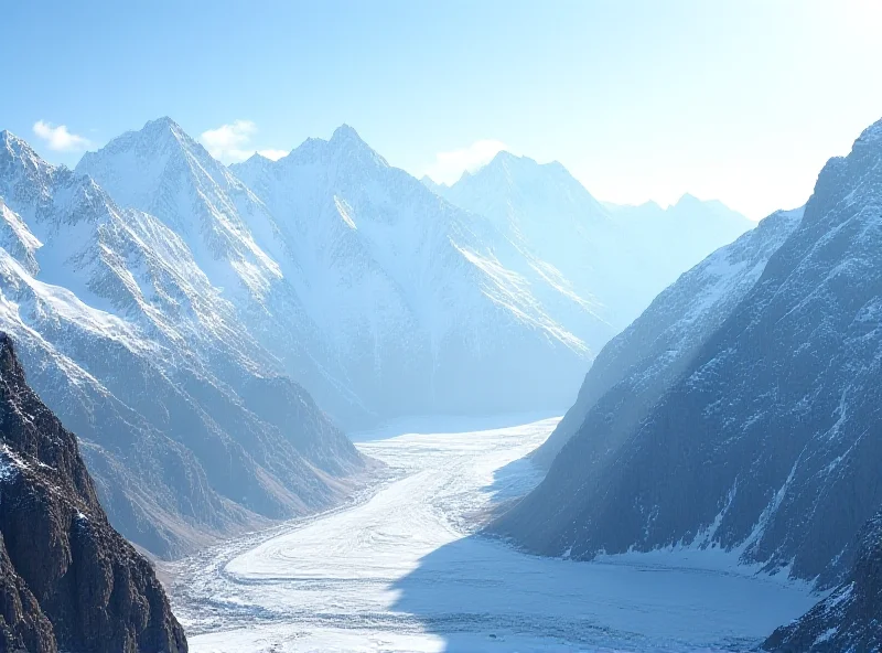 A dramatic landscape of the Himalayas, with snow-capped peaks and a valley below, suggesting the location of the avalanche.