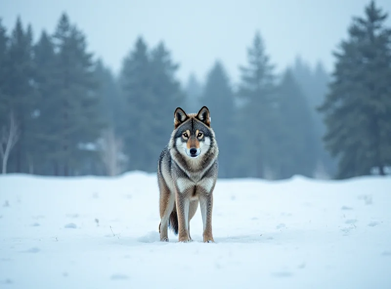 A lone wolf standing in a snowy field near a forest in Cantabria, Spain, with a village visible in the distance.