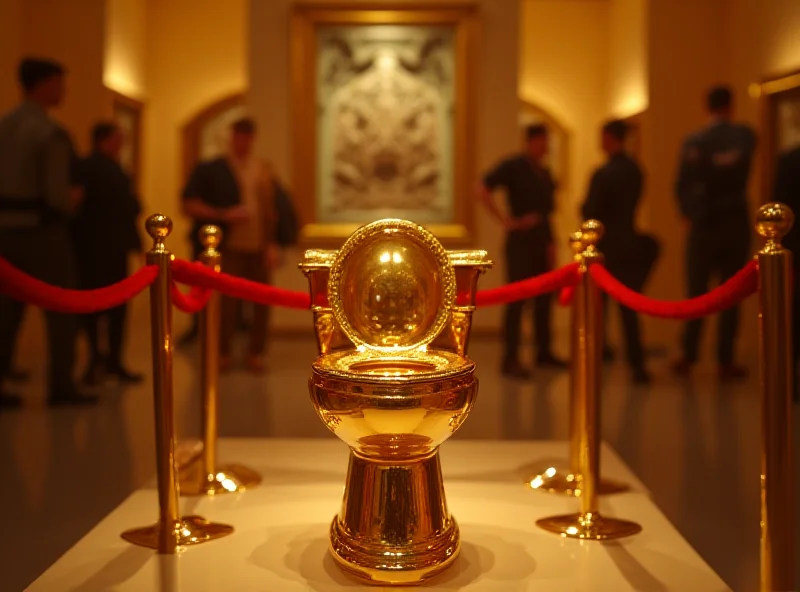 A close-up image of a gold toilet on display in an art gallery, surrounded by velvet ropes and security personnel.