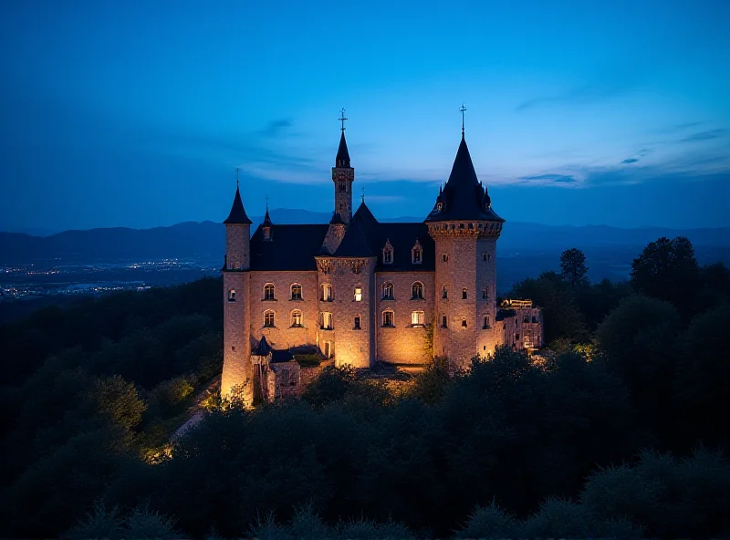 A wide angle shot of the castle at twilight.