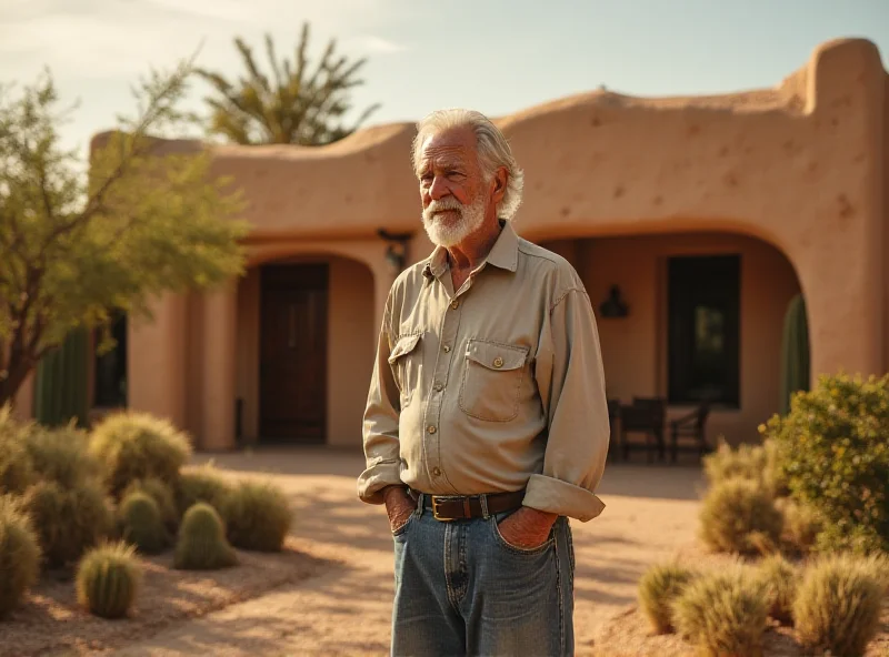 An elderly man, Gene Hackman, standing in front of a brick house in Santa Fe, New Mexico, looking slightly off-camera with a thoughtful expression. The scene is set in a quiet, upscale neighborhood with adobe-style houses and desert landscaping. It's a sunny day, and the overall atmosphere is one of peaceful solitude.