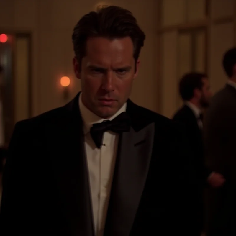 A candid shot of Brandon Sklenar at the Vanity Fair Oscars party. He appears slightly uncomfortable and taken aback, with a furrowed brow and a slight frown. He is dressed in a stylish tuxedo, and the background shows a bustling party scene with celebrities and photographers. The lighting is soft and flattering, but the overall mood suggests tension and discomfort.
