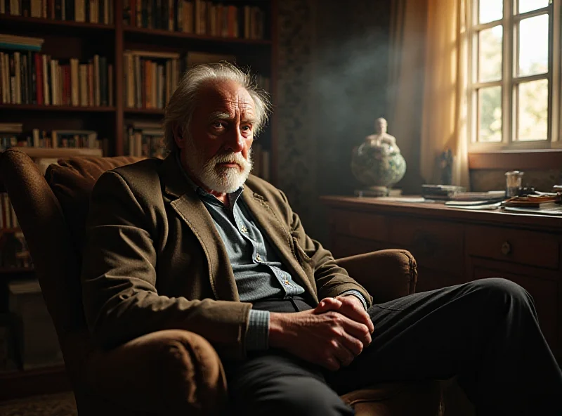 An elderly Gene Hackman, looking thoughtful, sitting in a chair in his New Mexico home, sunlight streaming through the window.