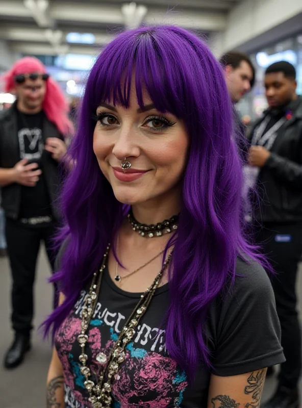 A woman with vibrant purple hair and multiple piercings smiles and poses for a photo at Comic Con in Scotland. She is wearing a colorful, alternative outfit.