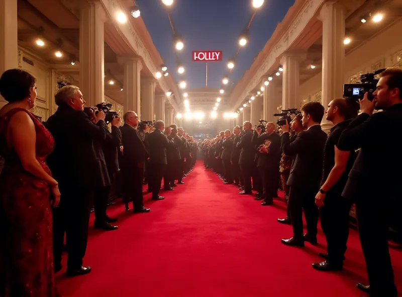 Red carpet at the Academy Awards, with photographers and celebrities.