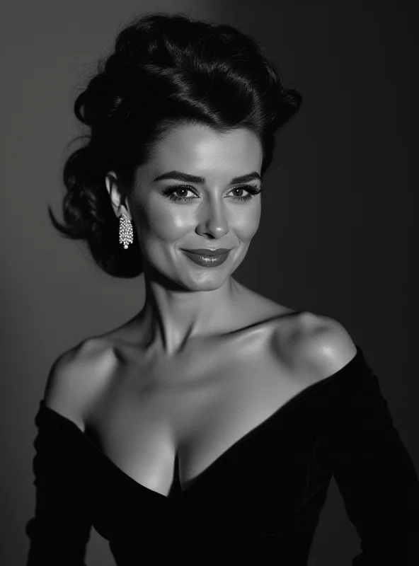 Black and white portrait of Audrey Hepburn, smiling elegantly.