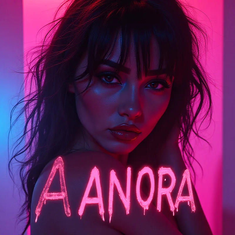 Movie poster for the film Anora, featuring the lead actress.