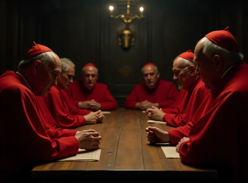 Scene from the movie 'Conclave' showing cardinals in a serious discussion.