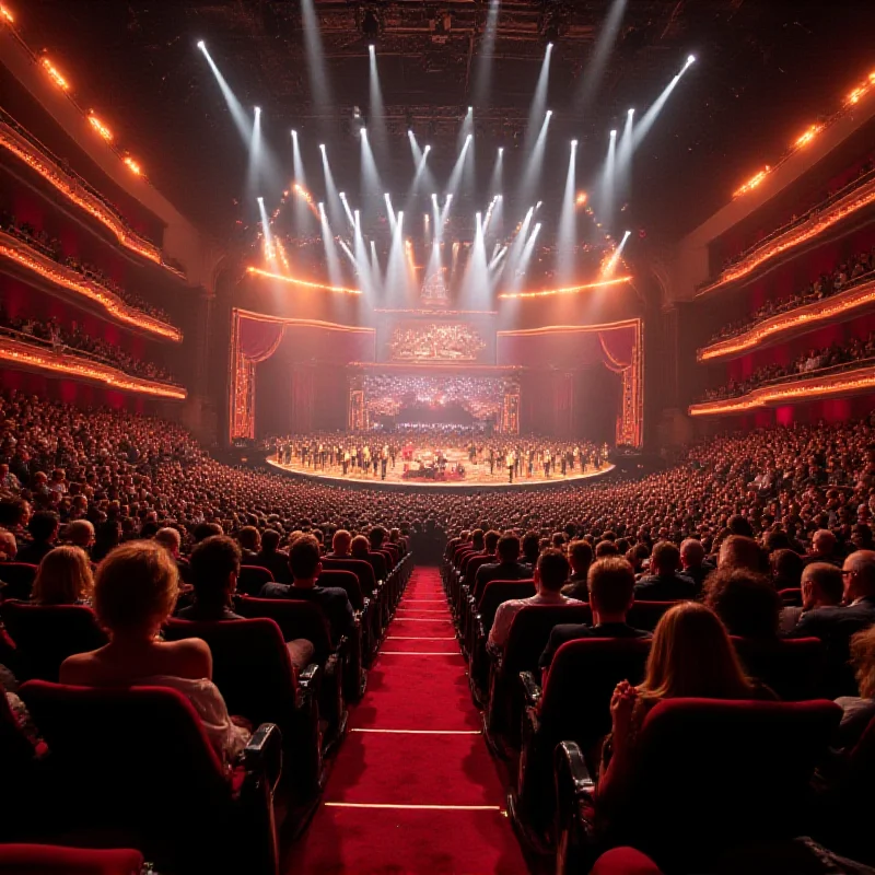 A wide angle shot of the Dolby Theatre during the Oscars ceremony, filled with celebrities and attendees.