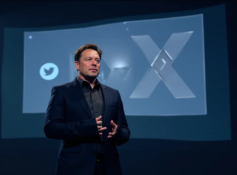 Elon Musk standing in front of a large screen displaying the X logo, looking confident and determined.