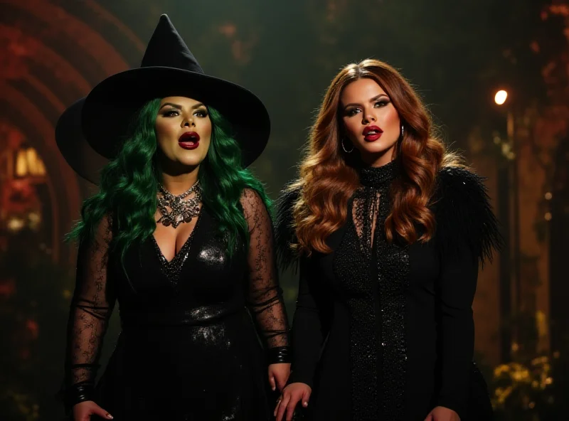 Cynthia Erivo and Ariana Grande, as Elphaba and Glinda, performing a song live on the set of Wicked.