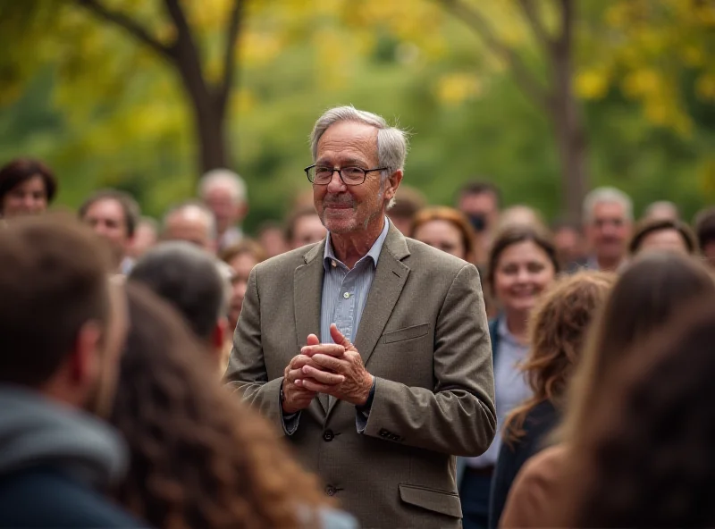 Actor standing in front of a crowd, looking happy and engaged, giving a speech. 