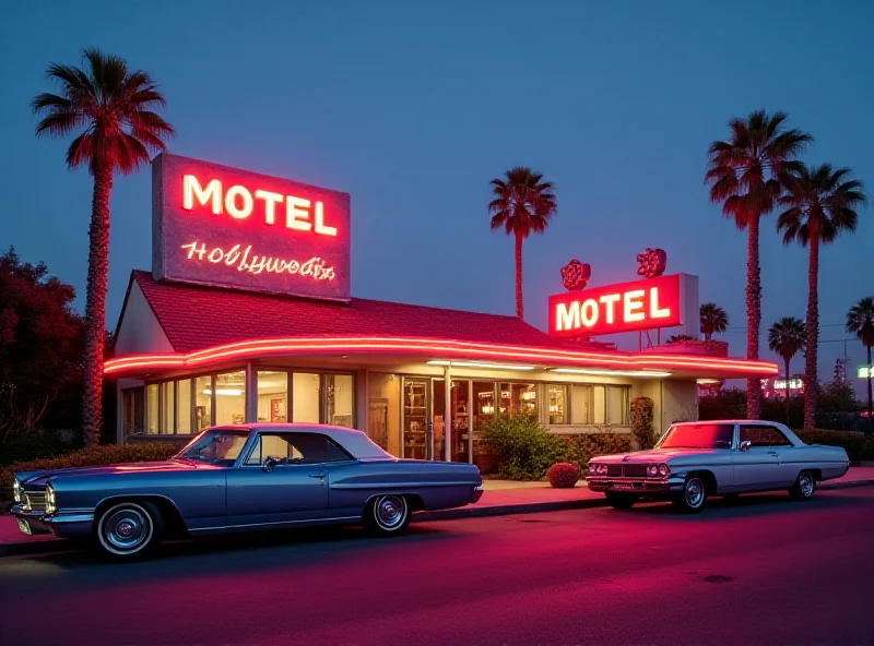 A beautifully preserved mid-century motel exterior with neon signs and classic cars parked in front.