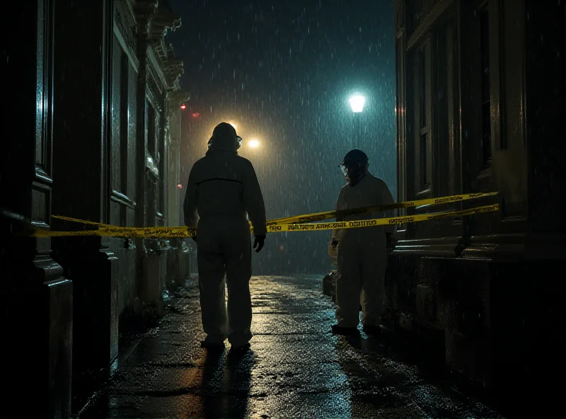 Scene of a crime investigation with forensic scientists examining a house. Dark and mysterious atmosphere.