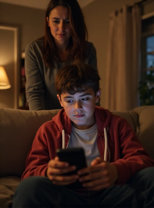 A concerned parent looking at their child playing Brawl Stars on a smartphone, with a worried expression. The child is engrossed in the game, oblivious to the parent's concern.