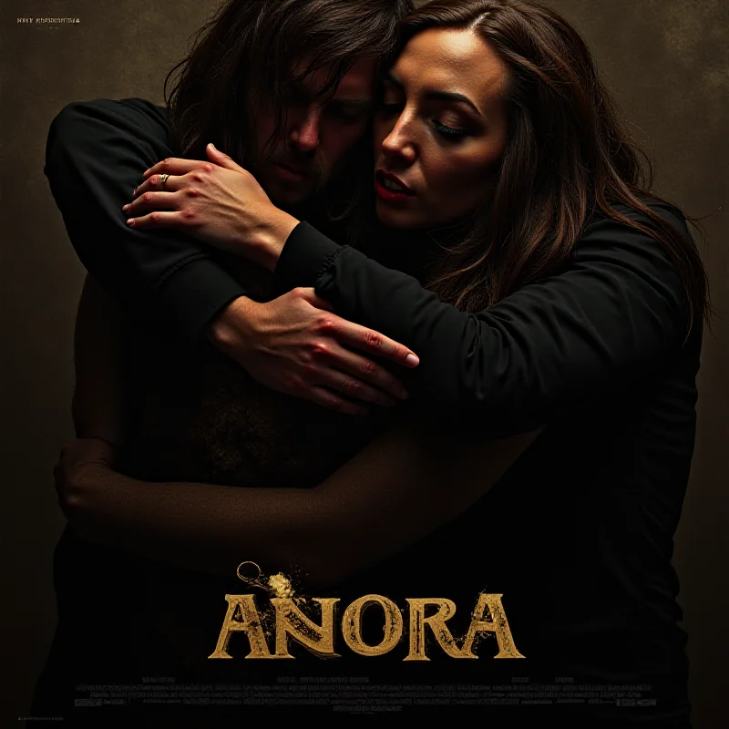 A movie poster for the fictional film 'Anora', showcasing a dramatic scene with the film's title prominently displayed.