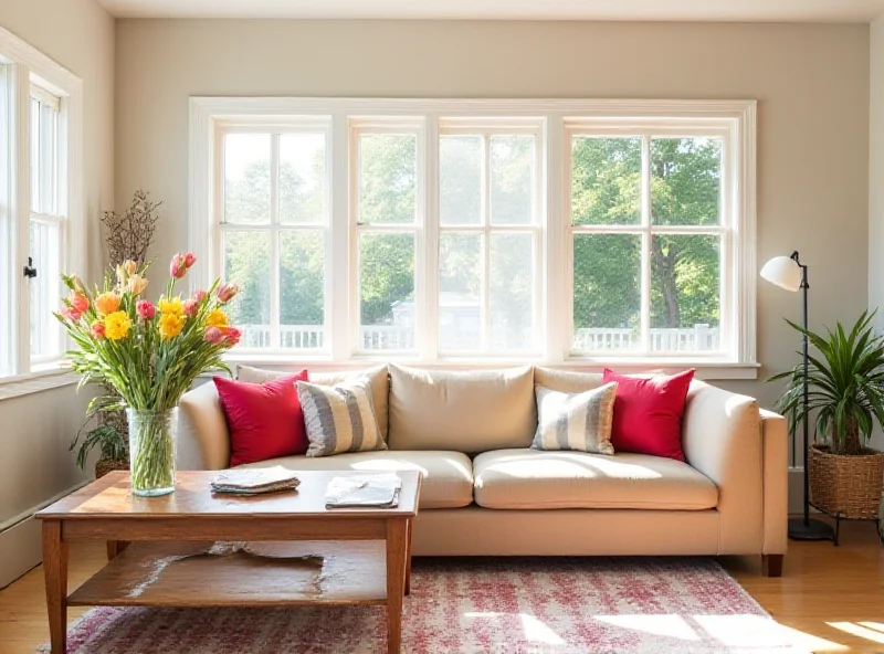 A cozy living room with a comfortable sofa, throw pillows, and a coffee table with a vase of flowers.