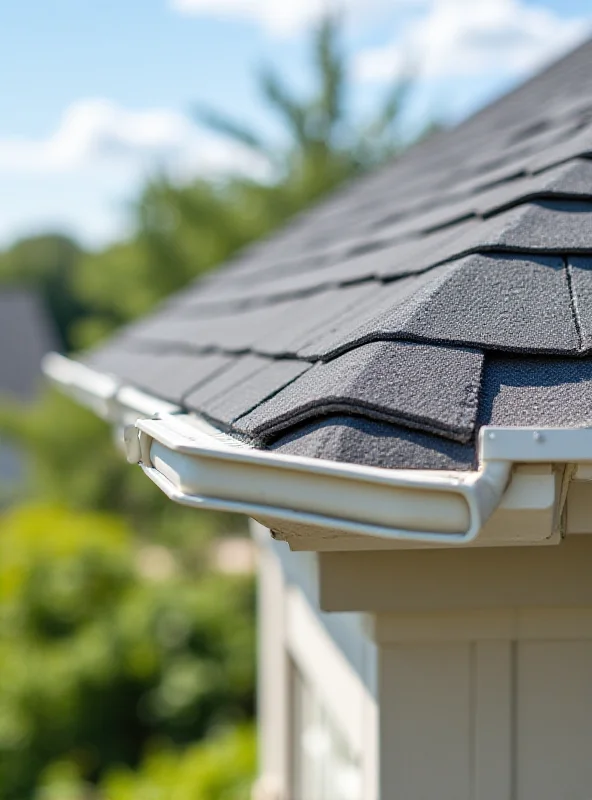 A close-up of a well-maintained roof with new shingles and clean gutters.