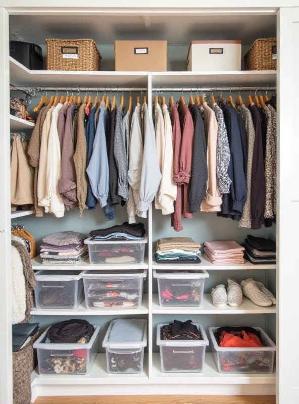 A well-organized closet with various storage containers and neatly arranged items.