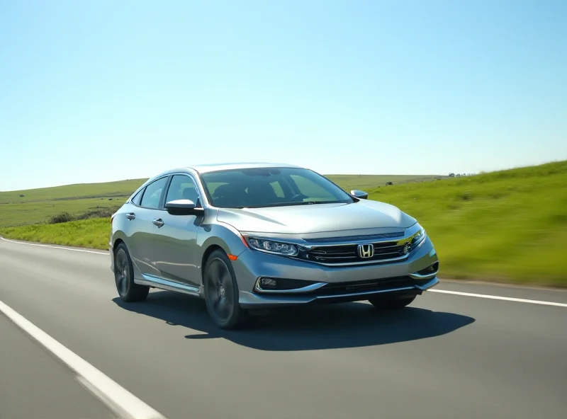 A brand new Honda Civic, sleek and modern, driving down a scenic Indiana highway on a bright sunny day.