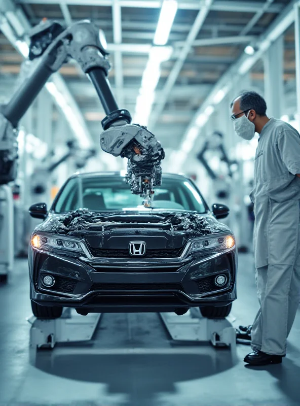 Close-up shot of a robotic arm in a modern Honda factory in Indiana, assembling parts of a hybrid engine for the new Civic.