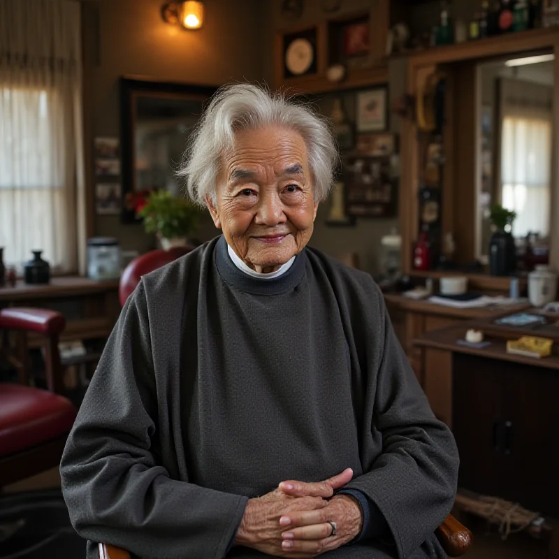 Shitsui Hakoishi, a 108-year-old Japanese woman, smiling warmly while cutting a customer's hair in her traditional salon in Nakagawa, Japan.