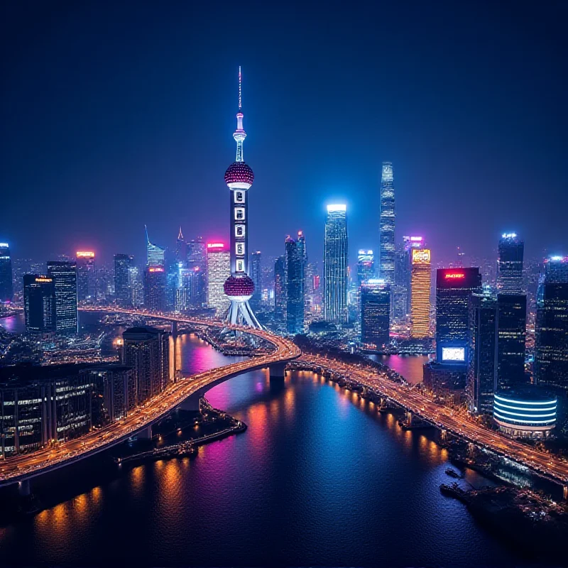 A vibrant cityscape of Shanghai at night.