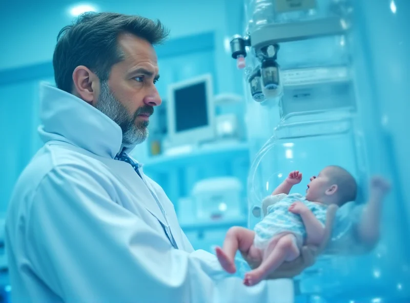 A concerned doctor examines a newborn baby in a hospital incubator. The scene is brightly lit and sterile, with medical equipment visible in the background.