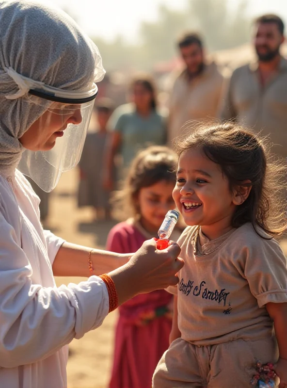 A healthcare worker administers oral polio vaccine to a young child in a rural village in Pakistan. The child is smiling, and the worker is wearing protective gear. Other children and families are visible in the background.